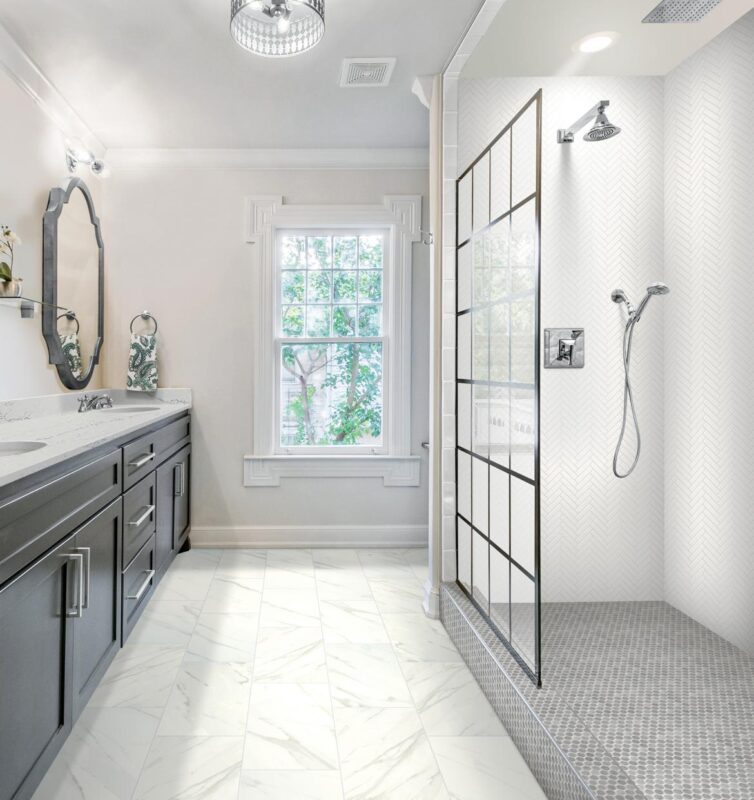 Daltile-RevoTile-Carrara-White-Bathroom - InDesign Kitchen and Bath Remodeling
