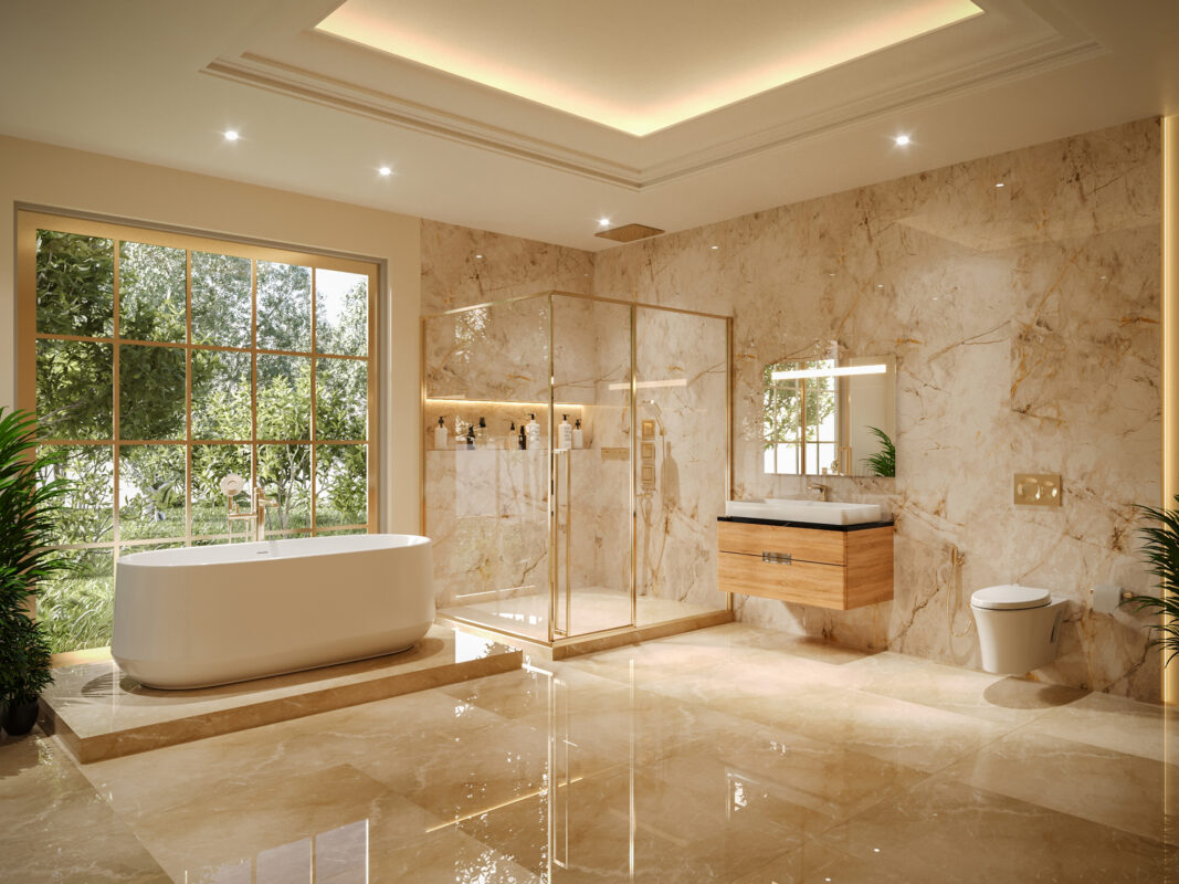Luxury bathroom remodeling in Atlanta, GA with freestanding tub and walk-in shower